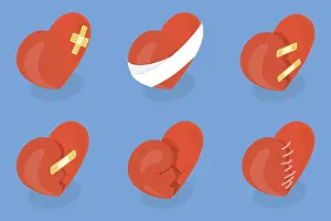 Love Concept Image Drucke: 3D Isometric Flat Set of Broken Hearts