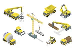 Construction Equipment Drucke: 3D Isometric Flat Set of Construction Equipment