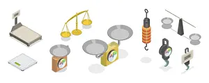 Healthy Eating Illustration Drucke: 3D Isometric Flat Set of Scales Types
