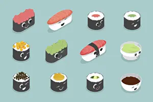 Sushi Set Drucke: 3D Isometric Flat Set of Various Sushi