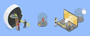 Conceptual Symbolism Drucke: 3D Isometric Flat Vector Conceptual Illustration of Mind Prison