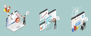 Online Advertising Strategy Drucke: 3D Isometric Flat Vector Illustration of Advertising Efficiency AI-Technology