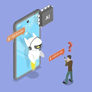 Digital Communication Technology Drucke: 3D Isometric Flat Vector Illustration of Chatbot Assistant