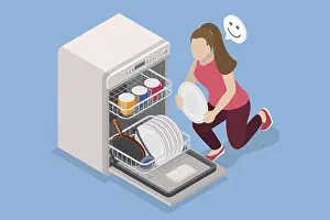 Cleanliness And Hygiene Symbol Drucke: 3D Isometric Flat Vector Illustration of Dishwasher