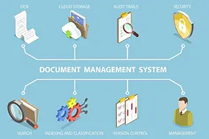 Document Management System Drucke: 3D Isometric Flat Vector Illustration of Document Management System