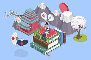 Communication Skills Training Drucke: 3D Isometric Flat Vector Illustration of Language School
