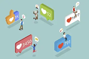 Online Communication Icon Drucke: 3D Isometric Flat Vector Illustration of Like Bubbles