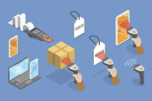 Inventory Management System Drucke: 3D Isometric Flat Vector Illustration of Smartphone Barcode Scanning App