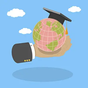 Educational Institution Design Drucke: 3D Isometric Flat Vector Illustration of Study Abroad