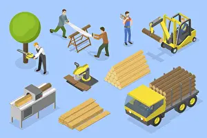 Handicraft Production Drucke: 3D Isometric Flat Vector Illustration of Timber Industry
