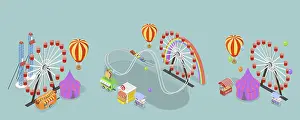 Theme Park Entertainment Drucke: 3D Isometric Flat Vector Set of Amusement Parks