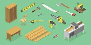 Aviation Industry Equipment Drucke: 3D Isometric Flat Vector Set of Carpentry Items