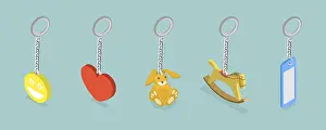 Romantic Gift Ideas Drucke: 3D Isometric Flat Vector Set of Keychains