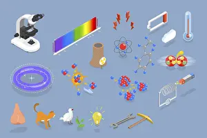 Educational Institution Graphics Drucke: 3D Isometric Flat Vector Set of Physics Items