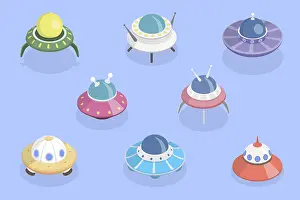 Night Sky Illustration Drucke: 3D Isometric Flat Vector Set of Spaceships