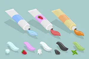Dental Care Drucke: 3D Isometric Flat Vector Set of Toothpaste Of Different Tastes