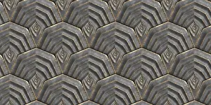Geometric Interior Design Drucke: 3D pattern featuring interlocking shield-like tiles with a layered metallic texture