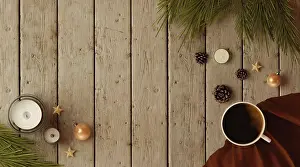 Wooden Surface Decor Drucke: A 3D render featuring a cozy setting with lit candles