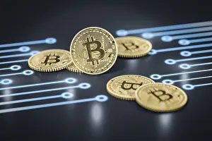 Cryptocurrency Symbol Drucke: 3d rendering of a some bitcoin coins on a dark electronic background