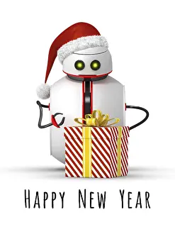 Spielzeug Drucke: 3D-Rendition eines Weihnachtsroboters mit Geschenk.
