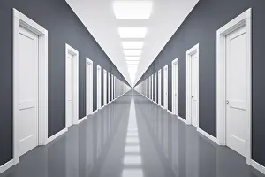 Deserted Interior Space Drucke: 3d rendering of an endless corrior with lots of white doors