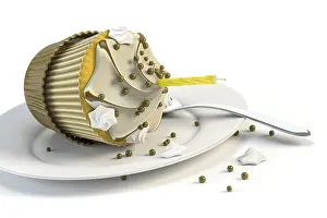 Empty Plate With Sweets Drucke: 3d rendering of an overturned cupcake on a plate