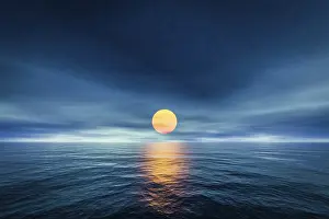 Orange Atmospheric Light Drucke: 3d rendering of a sunset over the sea