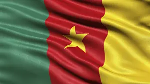 Drucke von 3D-Darstellung der Flagge von Kamerun, die im Wind weht Kamerun Drucke: 3D-Darstellung der Flagge von Kamerun, die im Wind weht.