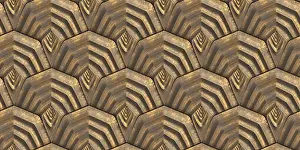 Symmetrical Geometric Pattern Drucke: A 3D shield-shaped pattern with metallic tones