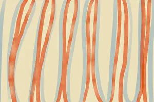 Drucke von Ein Hauch von Retro-Charme in diesem abstrakten Kunstwerk, das sich durch sanfte Farben und welleartige Linien auszeichnet Abstrakte Kunst Drucke: Abstracte Kunst mit orangen und blauen Wellenlinien auf einem beigen Hintergrund