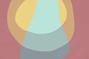 Drucke von Dieses abstrakte Kunstwerk zeigt überlappende Pastellformen, die mit Farben wie Teal, Senf und Beige gegen einen gedämpften Hintergrund eine beruhigende Wirkung erzeugen Minimalistische Kunstwerke Drucke: Dieses abstrakte Kunstwerk zeigt überlappende pastellfarbene Formen.