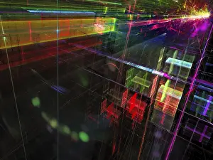 Drucke von Abstrakte farbenfrohe Technologie-Hintergrund - computer-generierte 3D-Illustration. Moderne digitale Kunst: helle Glaswände mit Explosion. Konzept für die Zukunft Stadt Digitales Kunstwerk Drucke: Abstrakte farbenfrohe Technologie-Hintergrund - computer-generierte 3D-Illustration.
