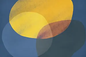 Drucke von Ein Hauch von Harmonie in einem Meer aus Farben, wo blauer Himmel sich mit gelbem Licht und grünem Gras vereint Abstrakte Kunst Drucke: Abstrakte Minimalistische Kunst mit überlappenden Formen in blauen