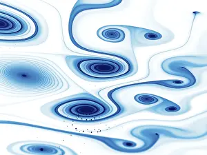 Computer Generated Image Drucke: Abstract white and blue pattern with gnarled spirals and curls - computer-generated image