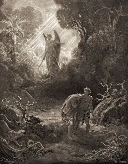 Woodcut Illustration History Drucke: Adam and Eve are driven out of Eden