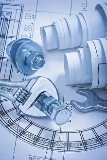 Industrial Design Drawing Drucke: Adjustable key spanner bolts nuts and construction plans maintenance concept