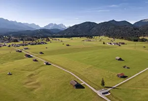 German Countryside From Above Drucke: Aerial view, fields with barns