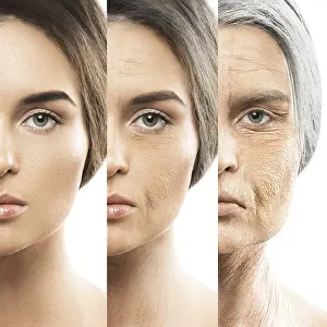 One Person Head Shot Image Drucke: Aging concept. Comparison of young and old