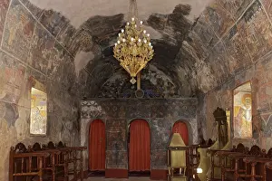 Drucke von Agios Jannis Prodromos, Innenraum mit Fresken aus dem 15. Jahrhundert, griechisch-orthodoxe Kirche, Areopolis, Halbinsel Mani, Lakonien, Peloponnes, Griechenland Malerei Drucke: Agios Jannis Prodromos