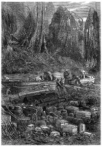 Drucke von Alle diese Gegenstände wurden auf dem Ufer platziert, antike gravierte Illustration. Jules Verne 3 Russen und 3 Engländer, 1872 Jules Verne Drucke: Alle diese Gegenstände wurden auf dem Ufer platziert.