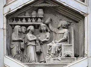 Drucke von Allegorie der Medizin aus dem Atelier von Andrea Pisano, Relief auf Giotto Campanile der Cattedrale di Santa Maria del Fiore (Dom von Saint Mary of the Flower), Florenz, Italien Giotto Drucke: Allegorie der Medizin aus dem Atelier von Andrea Pisano