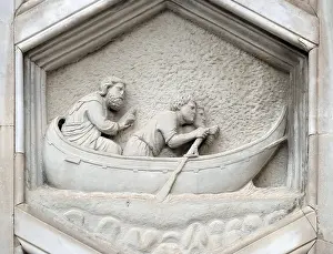 Drucke von Allegorie der Navigation aus dem Atelier von Andrea Pisano, Relief auf Giotto-Campanile der Cattedrale di Santa Maria del Fiore (Dom von Saint Mary of the Flower), Florenz, Italien Giotto Drucke: Allegorie der Navigation aus dem Atelier von Andrea Pisano.