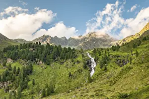 High Mountain Range Austria Drucke: Alpine landscape with waterfall