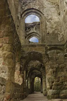 Deserted Window View Drucke: Ancient corridor with windows in Oybin Germany