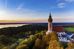 Upper Bavaria Drone Photography Drucke: Andechs Monastery, aerial view at sunset