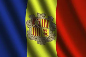 Drucke von Die andorrenische Flagge weht im Wind Andorra Drucke: Die andorrenische Flagge weht im Wind.