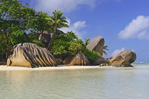 Granite Cliff Landscape Drucke: Anse Source d'Argent, beach with rocks and palm trees