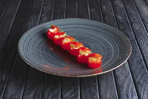 Fruit And Cheese Platter Drucke: Appetizer for reception. Tomato cherry stuffed with mozzarella end egg