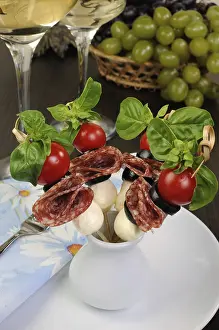 Sausage And Cheese Plate Drucke: Appetizer of salami with mozzarella