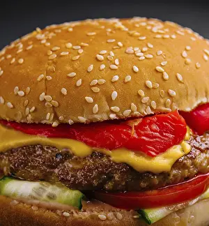 High Calorie Dish Drucke: Appetizing cheeseburger with beef patty